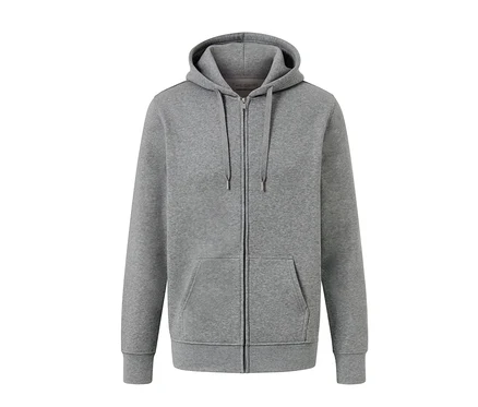 Veste à capuche grise avec fermeture éclair et poches.