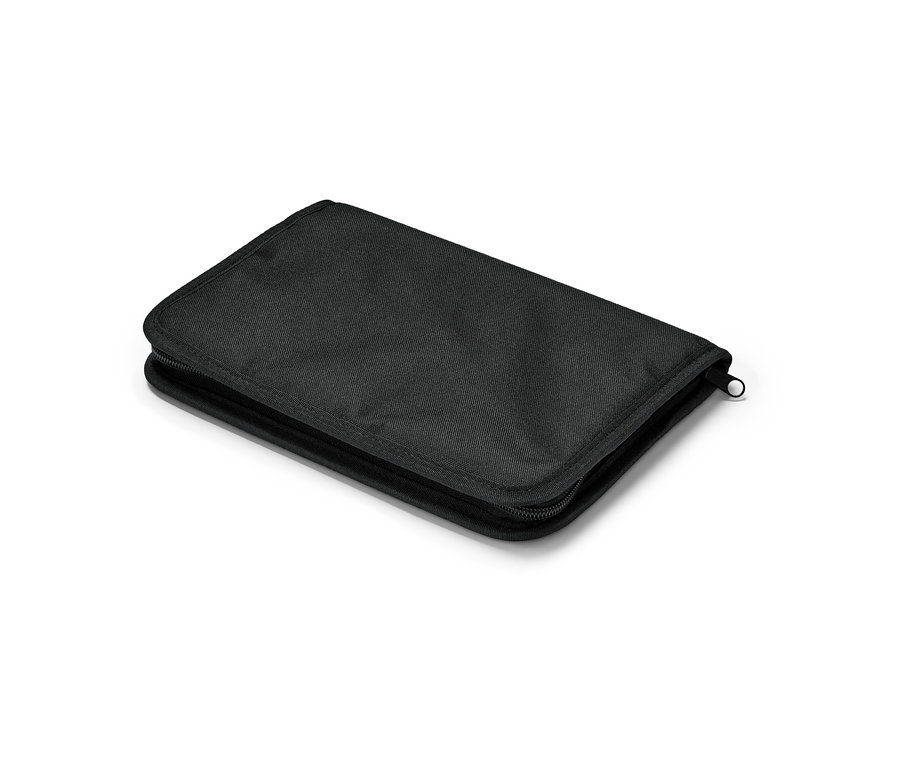 Un rangement pour boîte à gants noir avec fermeture éclair posé sur une surface blanche.