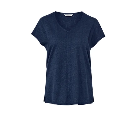 Blouse bleu foncé en lin avec un col en V.