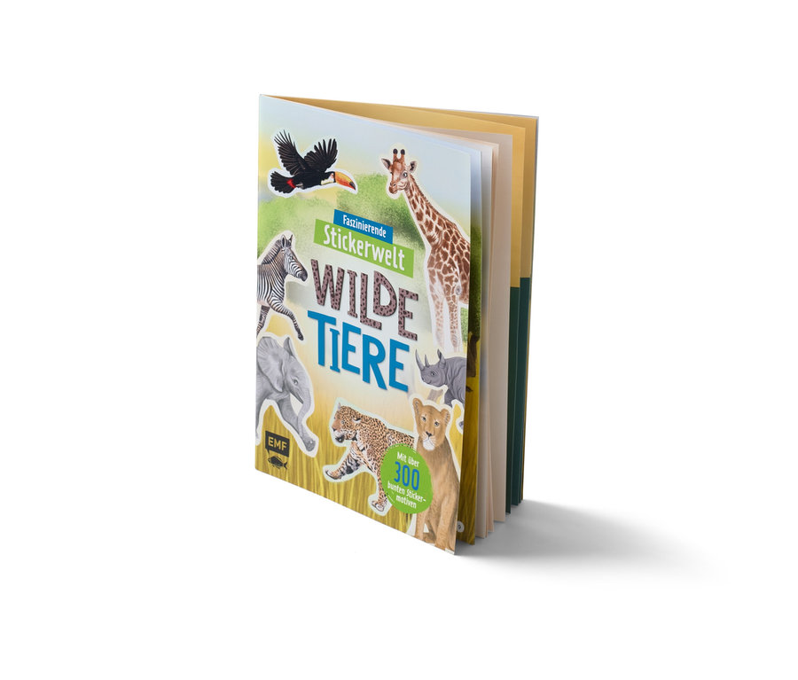 Un livre d'autocollants ouvert «
Faszinierende Stickerwelt – wilde Tiere
» (Monde fascinant en autocollants – animaux sauvages, en allemand) présente des illustrations d'animaux sauvages.