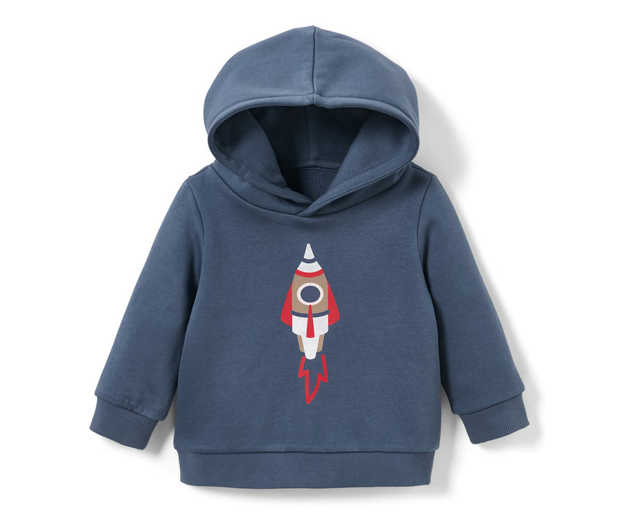 Sweat-shirt bleu pour enfant avec capuche et motif fusée.