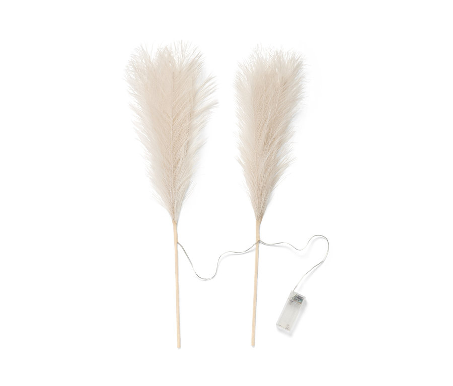 Deux branches décoratives LED «
Pampa » sont posées sur un fond blanc.