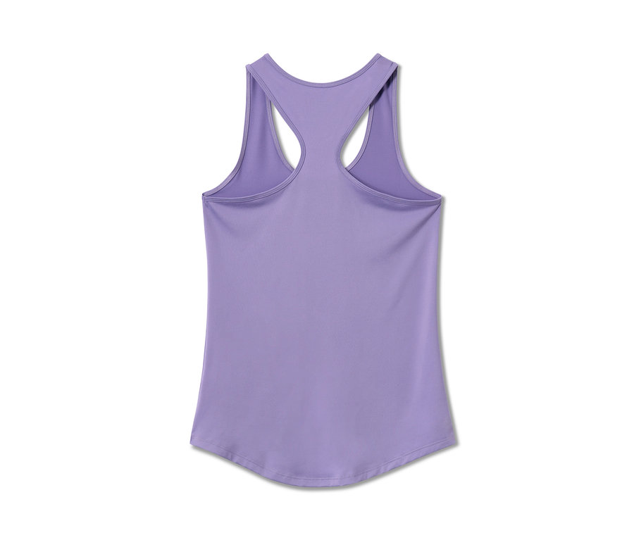 Vue détaillée de dos d'un top de sport lilas d'un ensemble deux pièces.