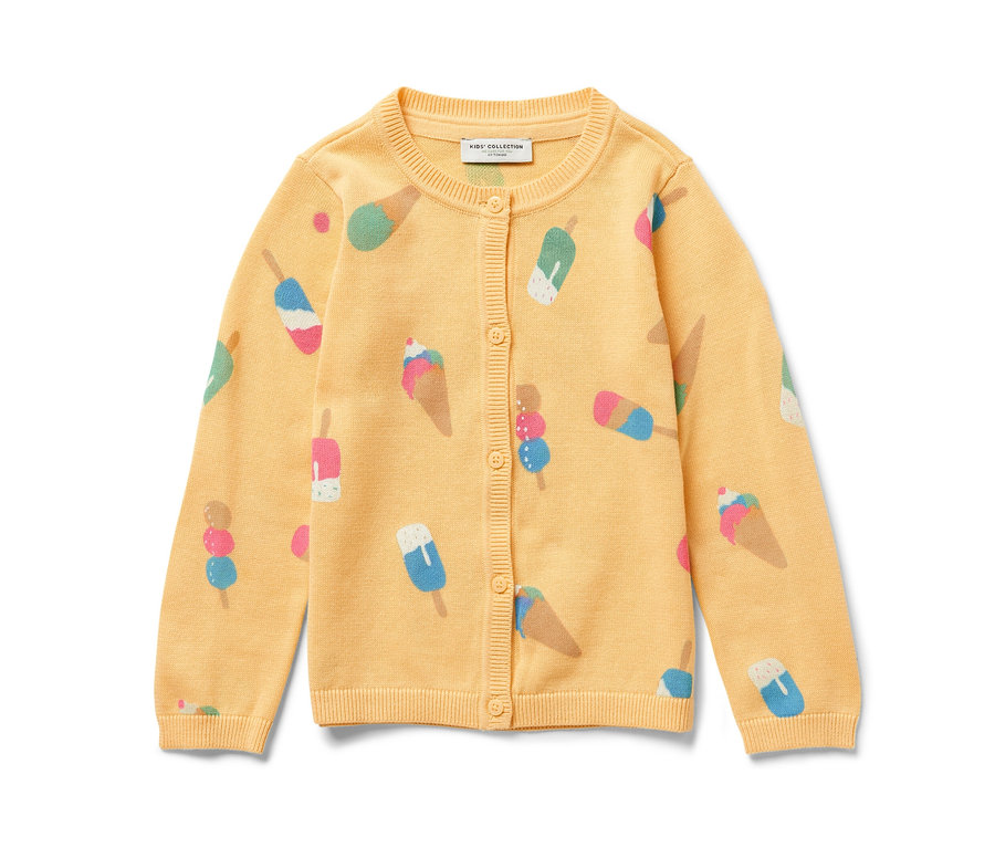 Veste en maille jaune pour enfant avec motifs de crèmes glacées.