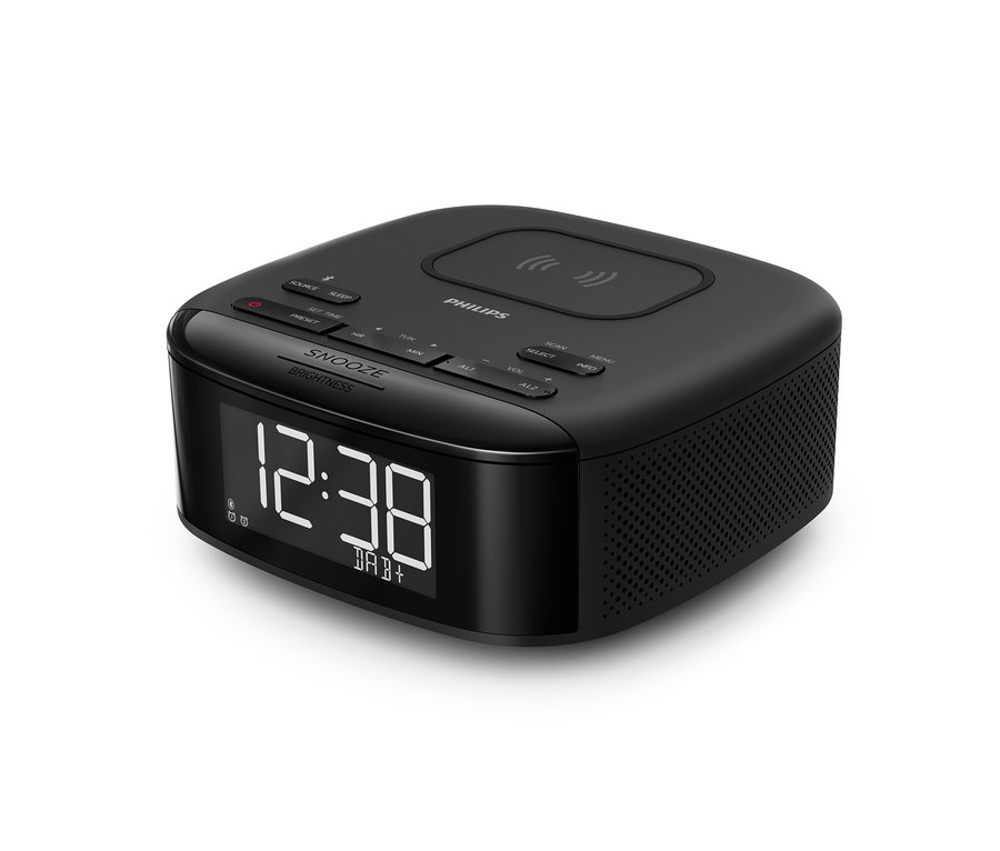 Radio-réveil DAB Philips « TAR7705 » noir avec affichage numérique de l'heure 12:38.