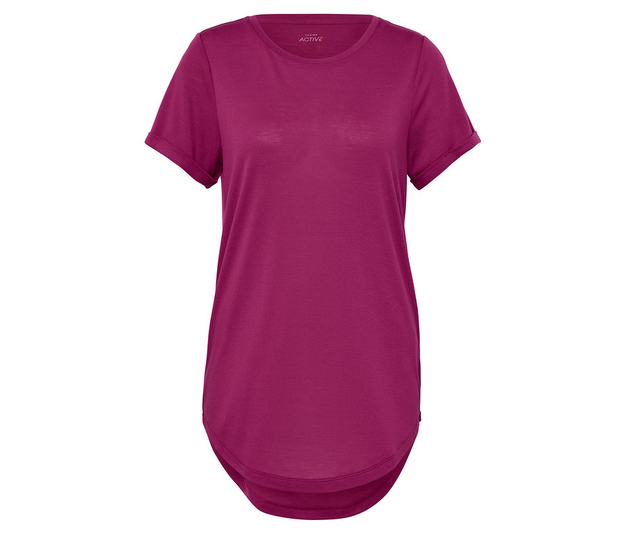 T-shirt violet à manches courtes et encolure ras du cou.