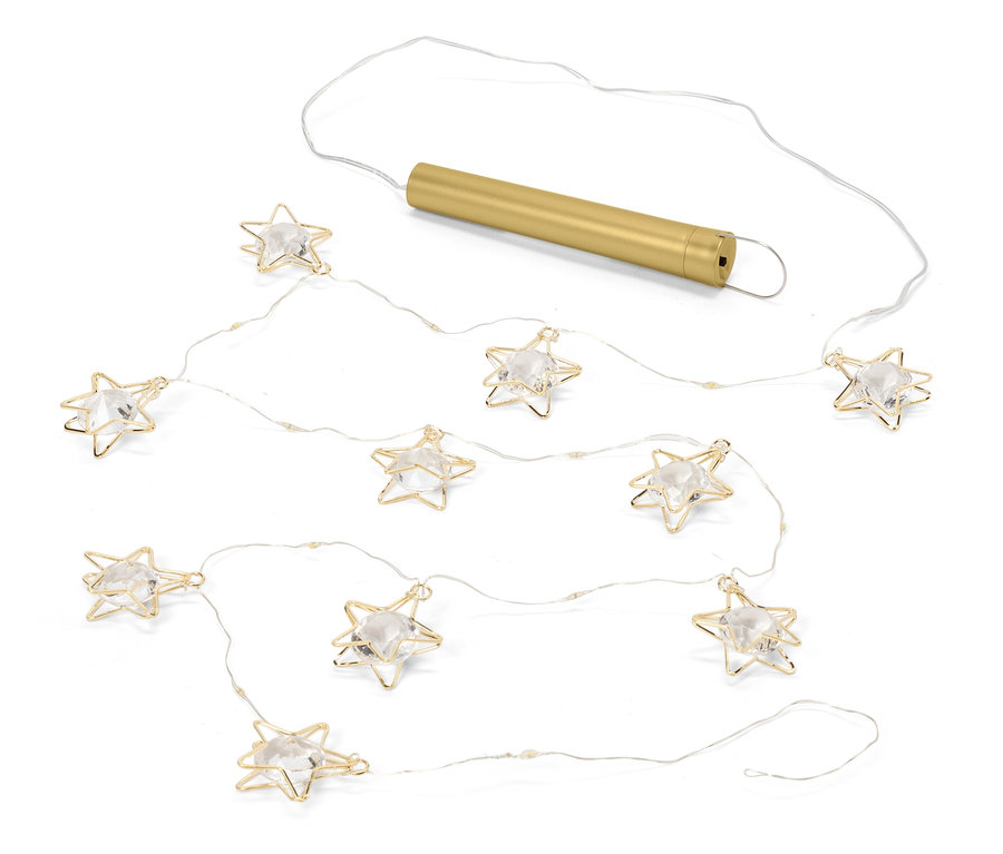 Guirlande lumineuse avec dix étoiles avec un cadre en fil d'or et des pierres transparentes et un boîtier de batterie doré.