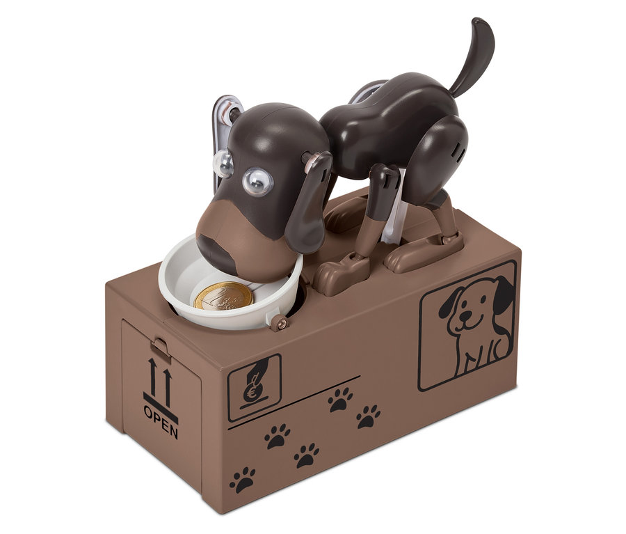 Tirelire chien robot marron avec une pièce dans un bol.