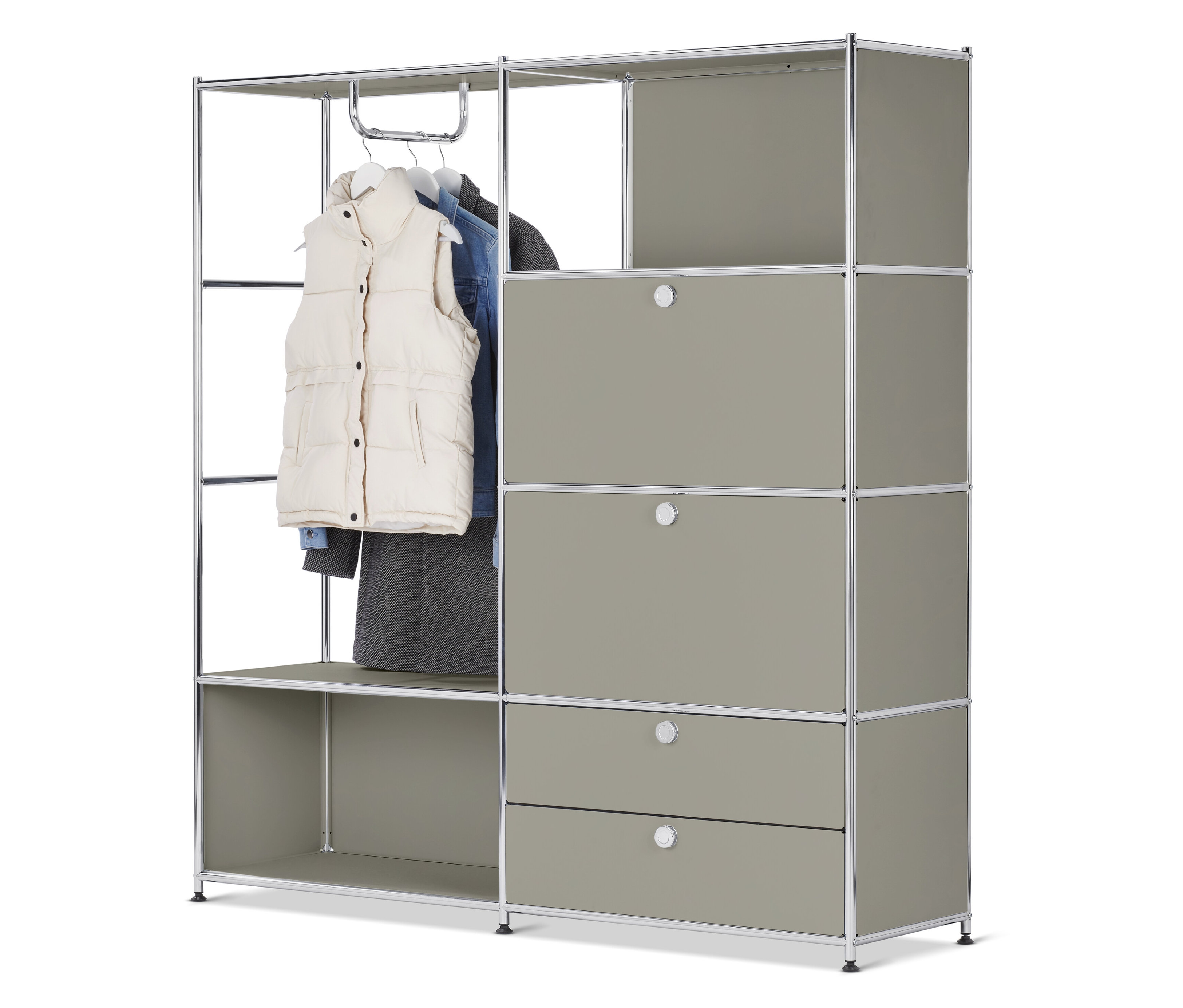Système de rangement modulaire gris avec tringle à vêtements, étagères et tiroirs.