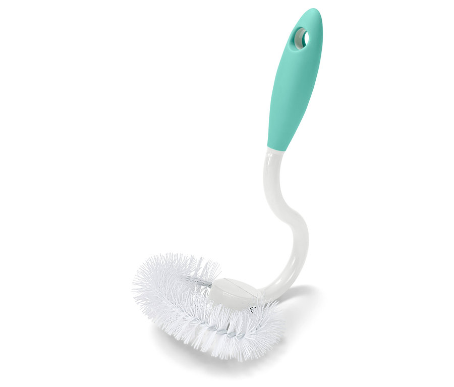 Goupillon avec des poils blancs et un manche turquoise.