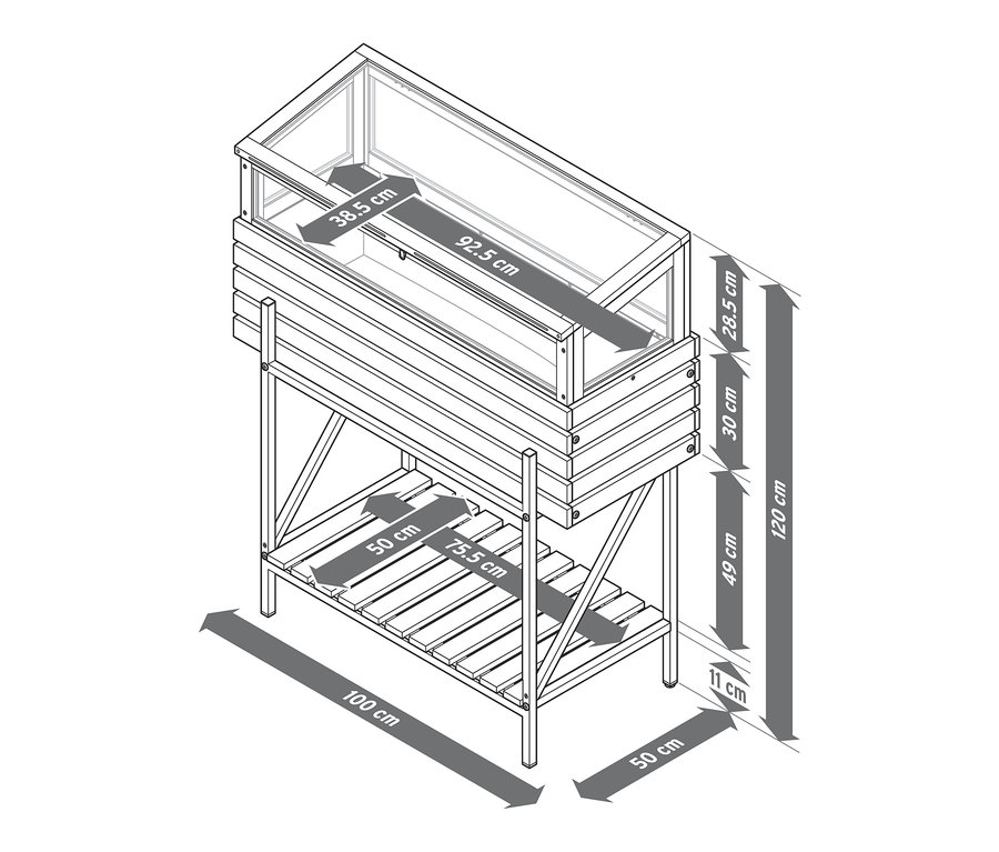 Illustration d'une jardinière surélevée avec serre châssis « Elin » avec dimensions.
