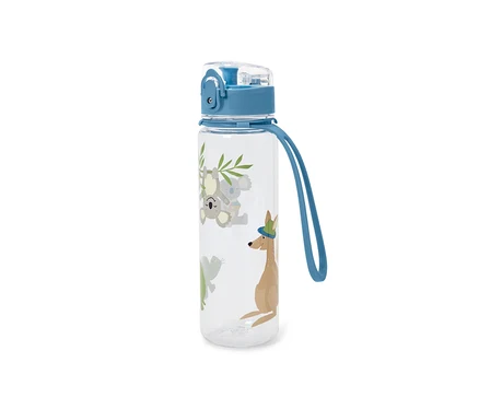 Une gourde transparente avec un couvercle bleu et des illustrations de koala et de kangourou.