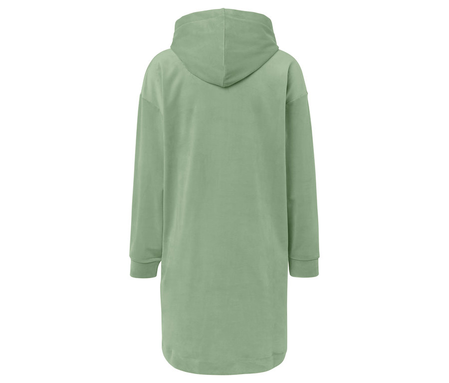 Vue arrière d'un long sweat à capuche vert clair.