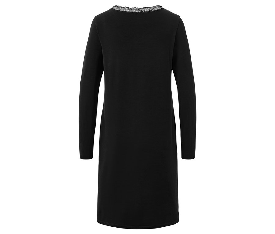 Vue arrière d'une robe noire à manches longues avec une bordure en dentelle à l'encolure.