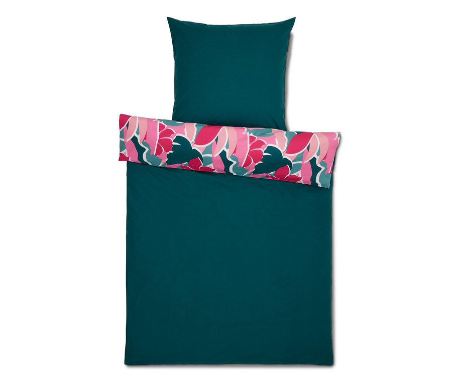 Parure de lit en percale vert foncé, taille normale et grande taille, avec motif floral.