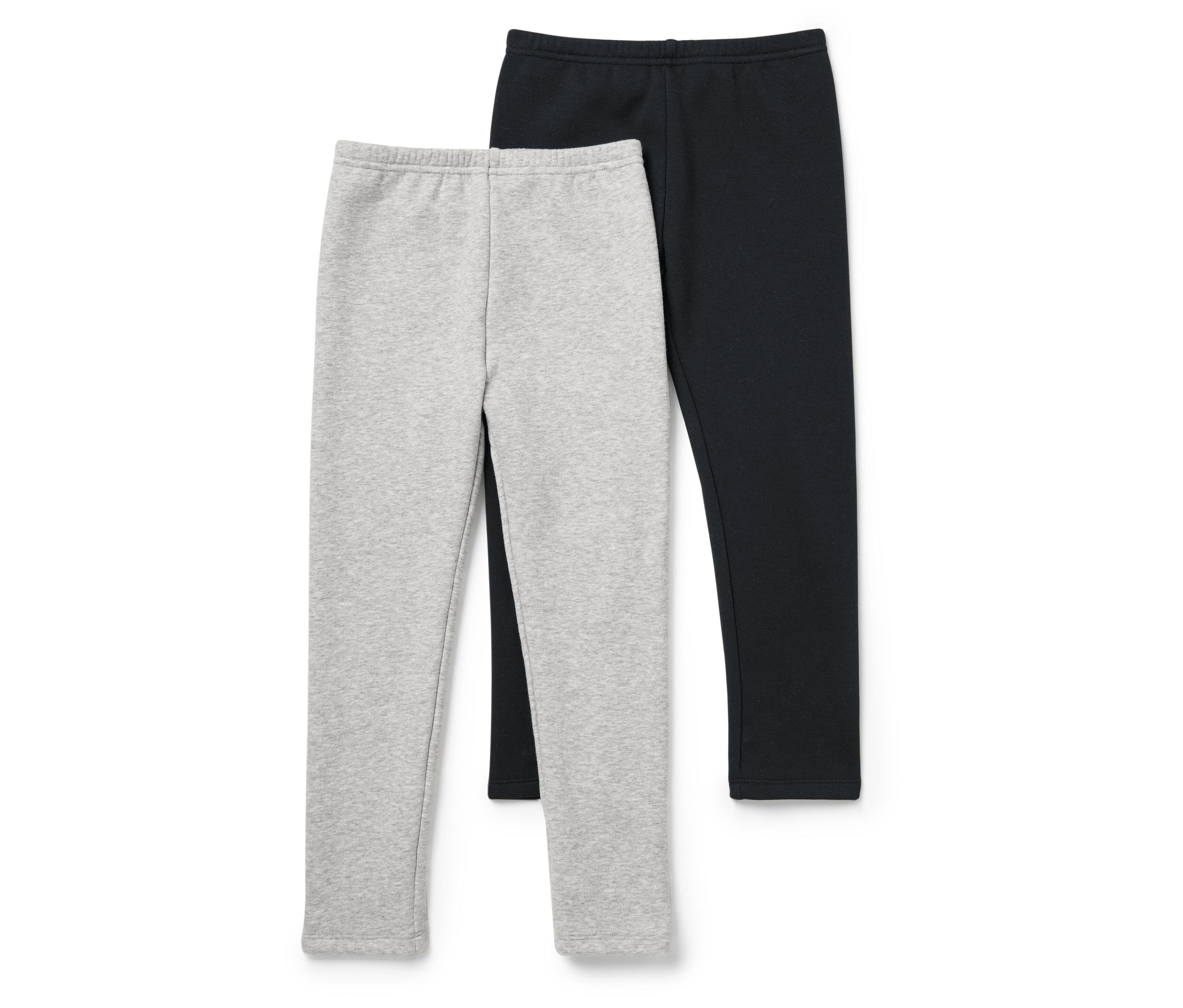 Deux leggings, un gris et un noir, sont placés côte à côte sur un fond blanc.
