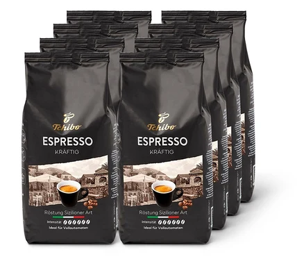 Huit paquets de café en grains Tchibo Espresso Kräftig de 1 kg chacun.