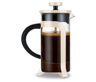 Cafetière : transparent<br>Support : beige<br>Anse et intérieur du couvercle : noir