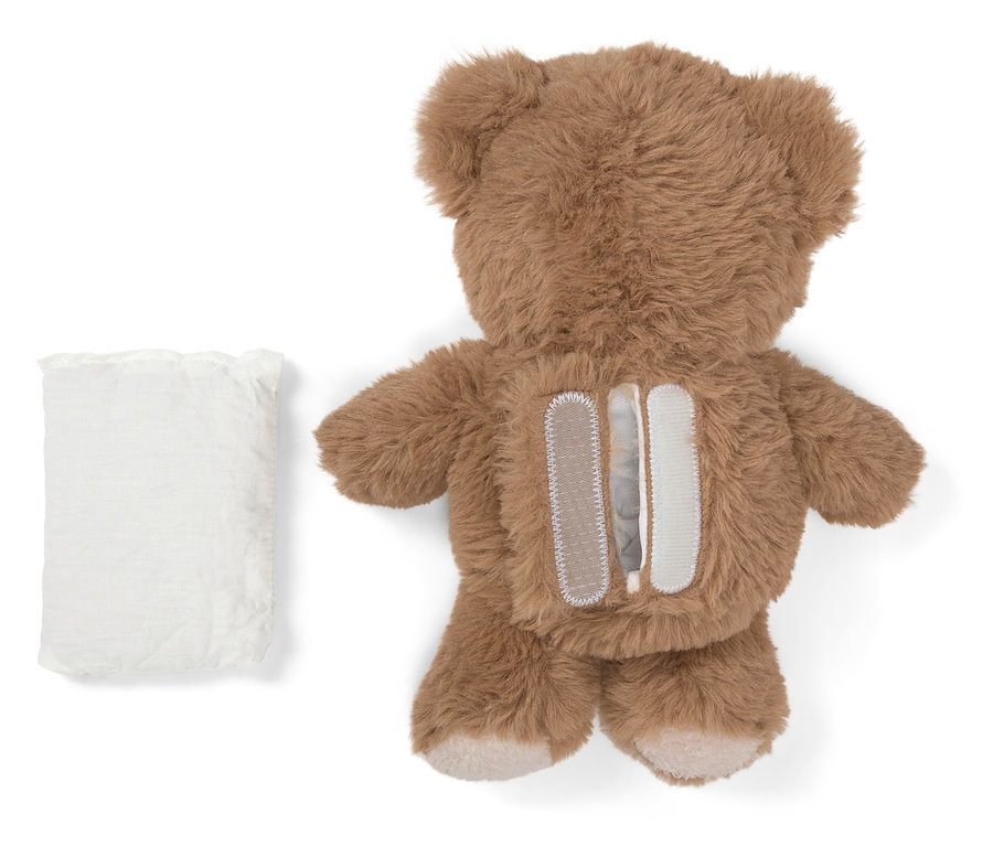 Vue arrière d'un ours en peluche avec une fermeture velcro ouverte dans le dos et un sac blanc à côté.