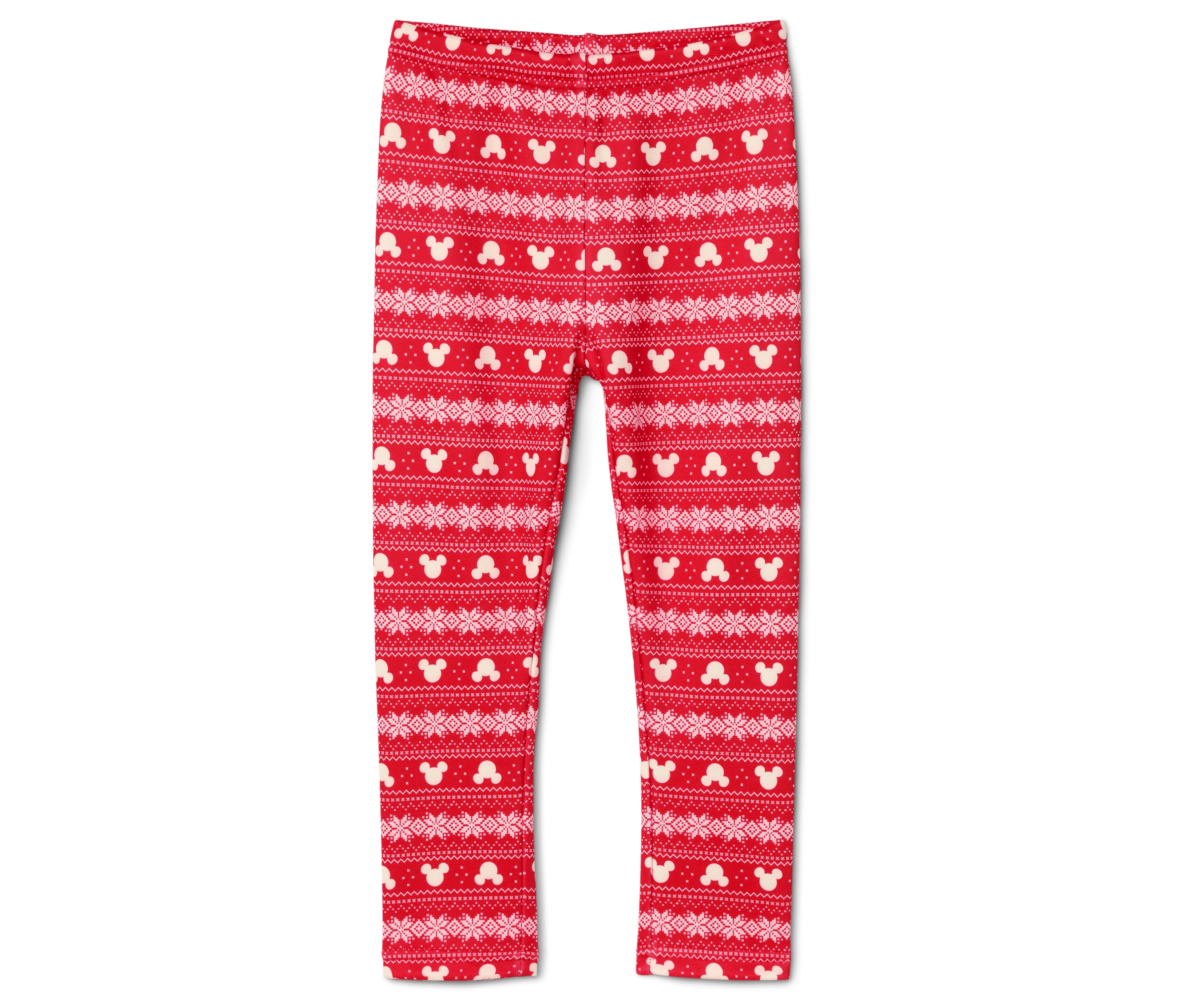 Leggings rouges avec motif blanc de Mickey Mouse et de flocons de neige.