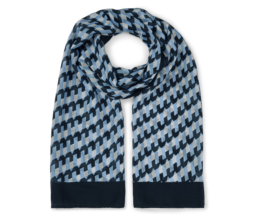 Un foulard bleu et blanc avec un motif géométrique.