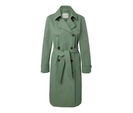 Un trench-coat vert clair avec une ceinture et des boutons marron.