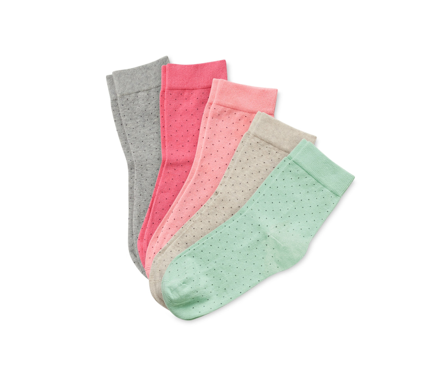 Cinq paires de chaussettes de différentes couleurs (gris, rose, beige et menthe) avec de petits pois.