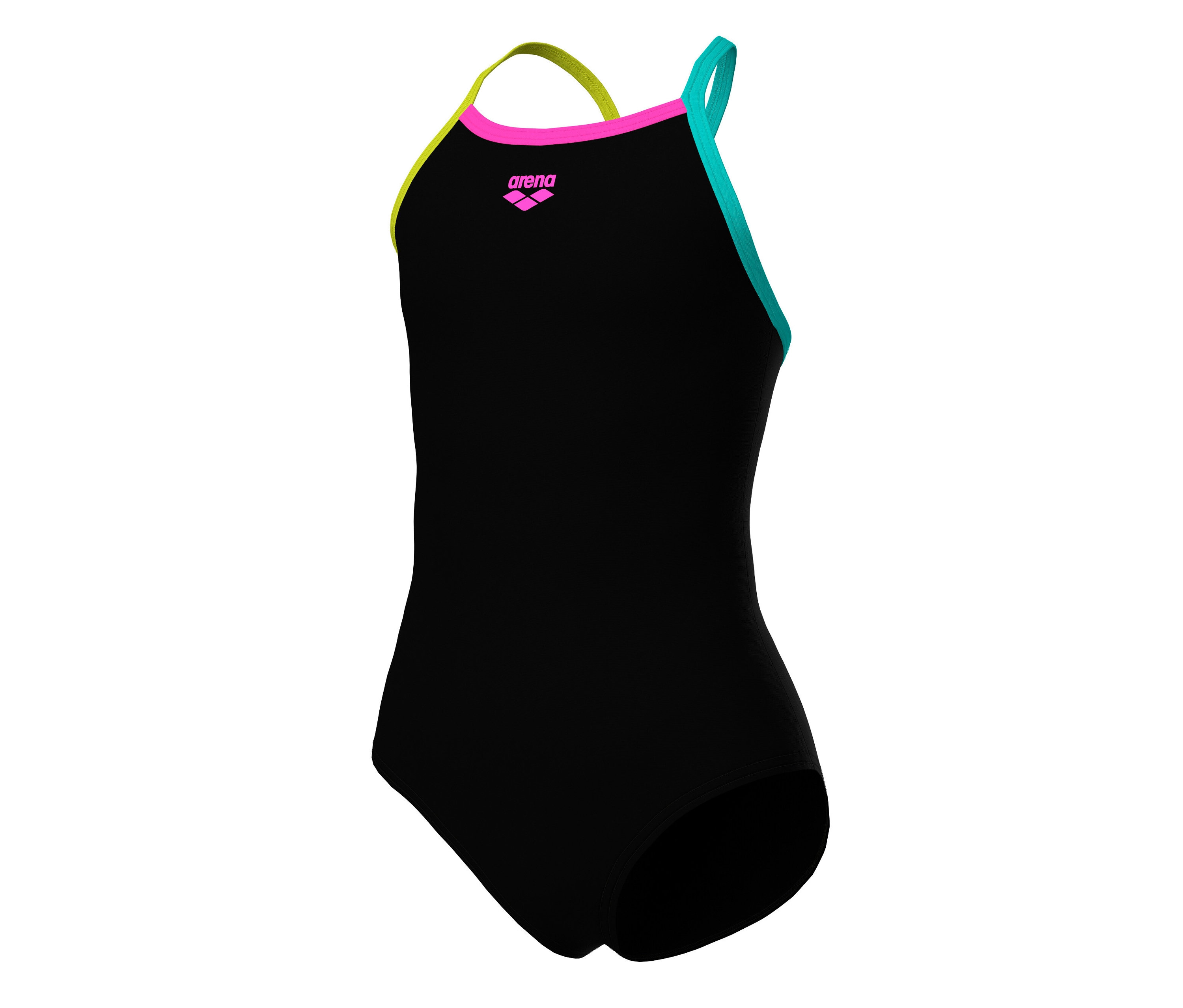 Maillot de bain arena Feel Light Drop Back Solid pour enfant, noir avec bretelles colorées.