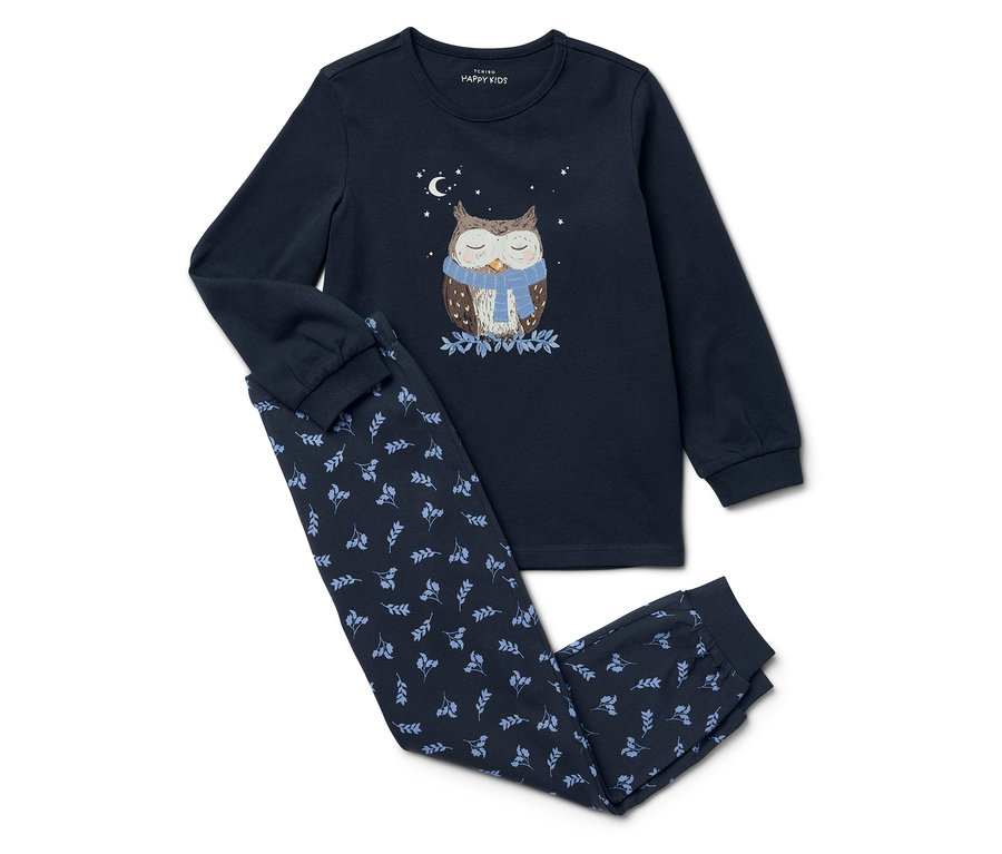 Pyjama bleu marine à manches longues et pantalon avec motif de feuilles et un hibou avec une écharpe.