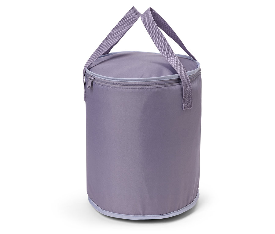 Sac isotherme rond violet avec deux poignées et fermeture éclair.