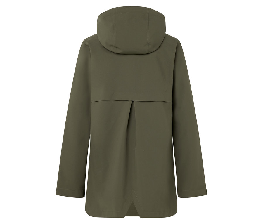 Vue arrière d'une veste vert olive à capuche.