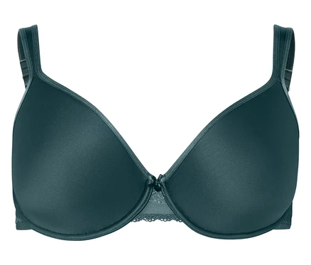 Soutien-gorge vert foncé à armatures avec garniture en dentelle.