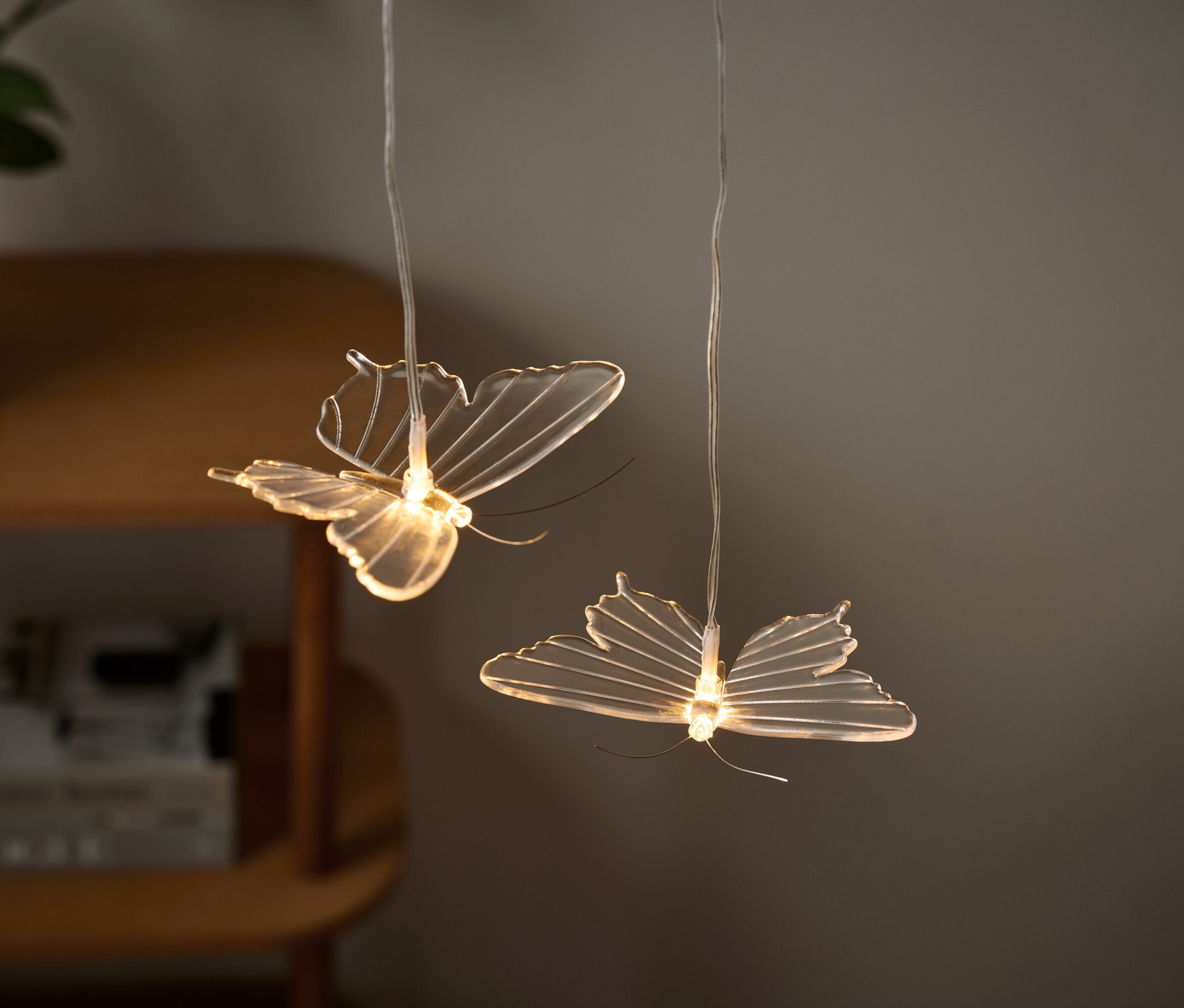 Deux lumières en forme de papillon pendent du plafond.