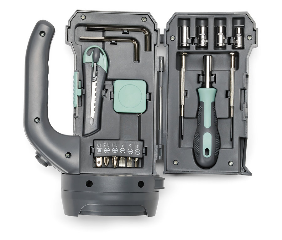 Kit d'outils ouvert 17-en-1 LED multifonction avec divers embouts, couteau, tournevis et accessoires.