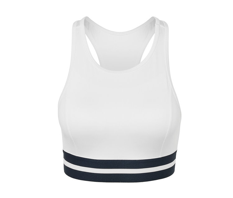 Bustier de sport blanc « Crop Top » avec une bande bleu foncé en bas.