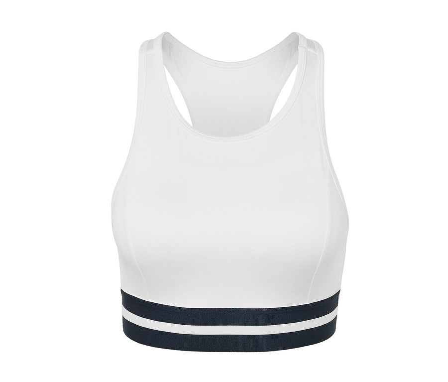 Bustier de sport blanc « Crop Top » avec une bande bleu foncé en bas.