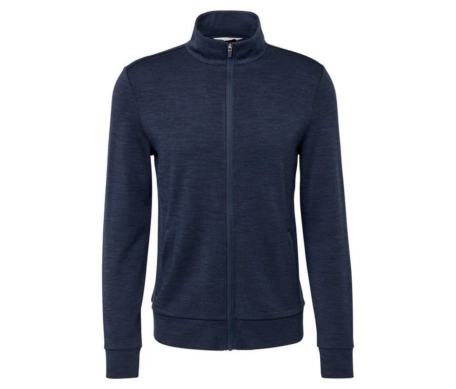 Veste technique bleu marine avec laine certifiée RWS et fermeture éclair.