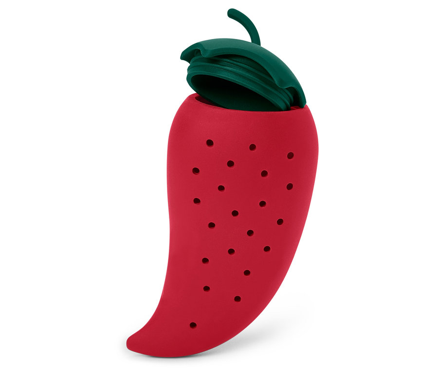 Infuseur à thé en silicone rouge en forme de piment avec couvercle.