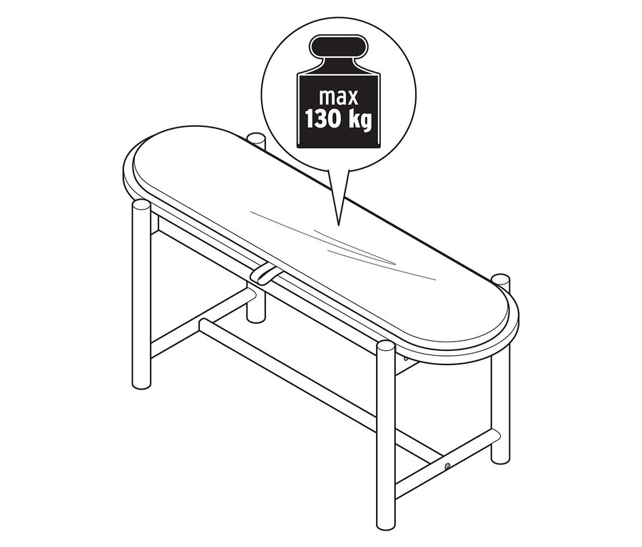 Un dessin d'un banc ovale avec une capacité de charge maximale de 130 kg.