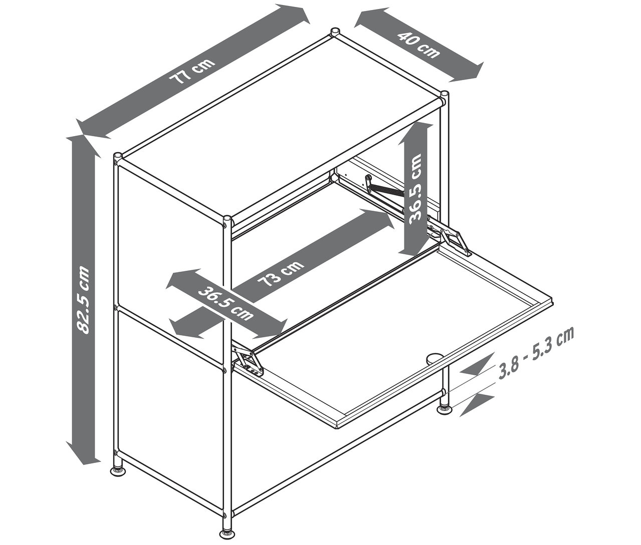 Dessin en noir et blanc d'un meuble avec dimensions, portes ouvertes et étagère.
