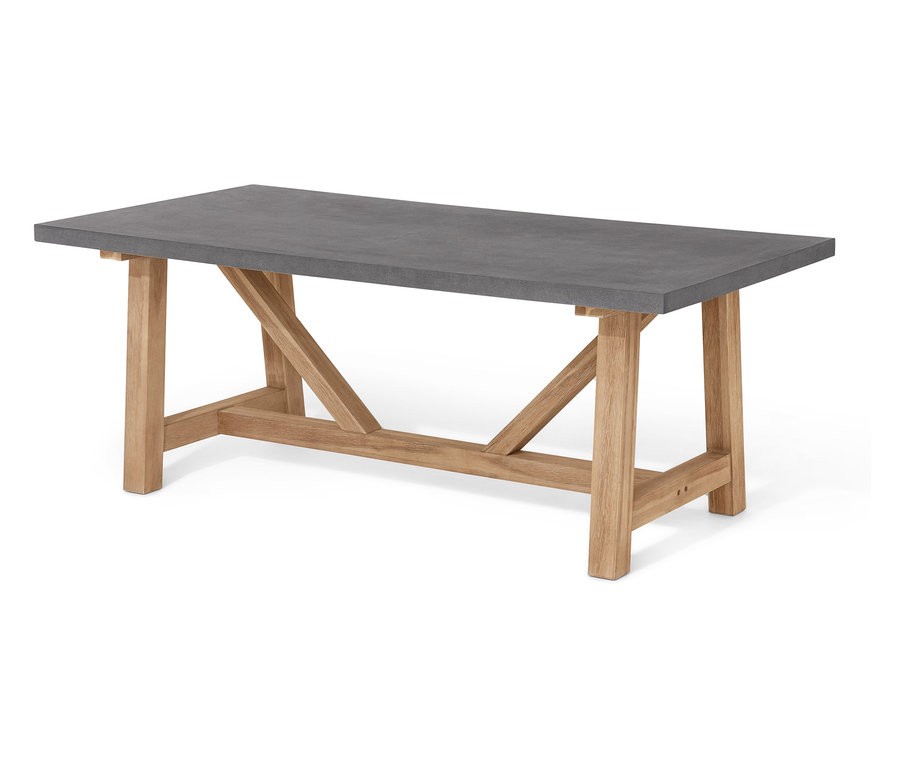Table rectangulaire avec plateau gris et pieds en bois.