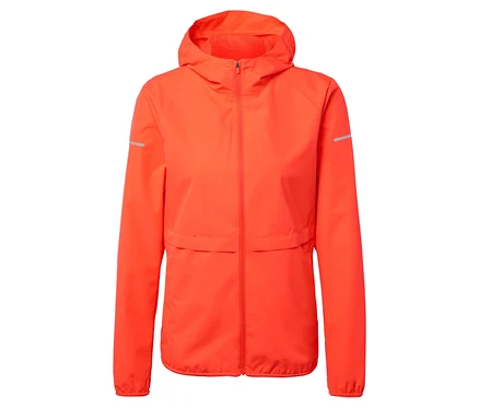 Veste à capuche orange vif avec fermeture éclair.