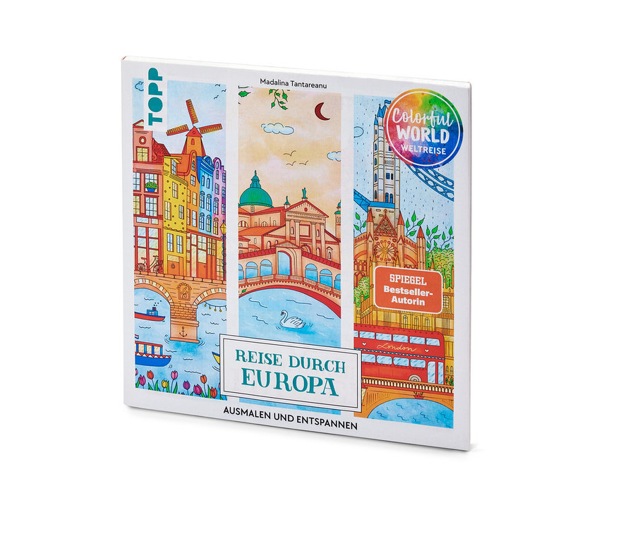 Vue détaillée du livre « Voyage à travers l'Europe – Coloriage et détente » avec des illustrations de villes européennes.
