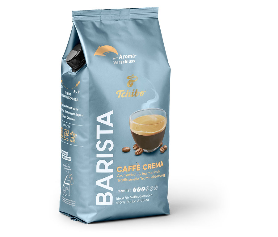 Un paquet de café Tchibo Barista Caffè Crema avec une illustration d'une tasse de café et de grains de café.