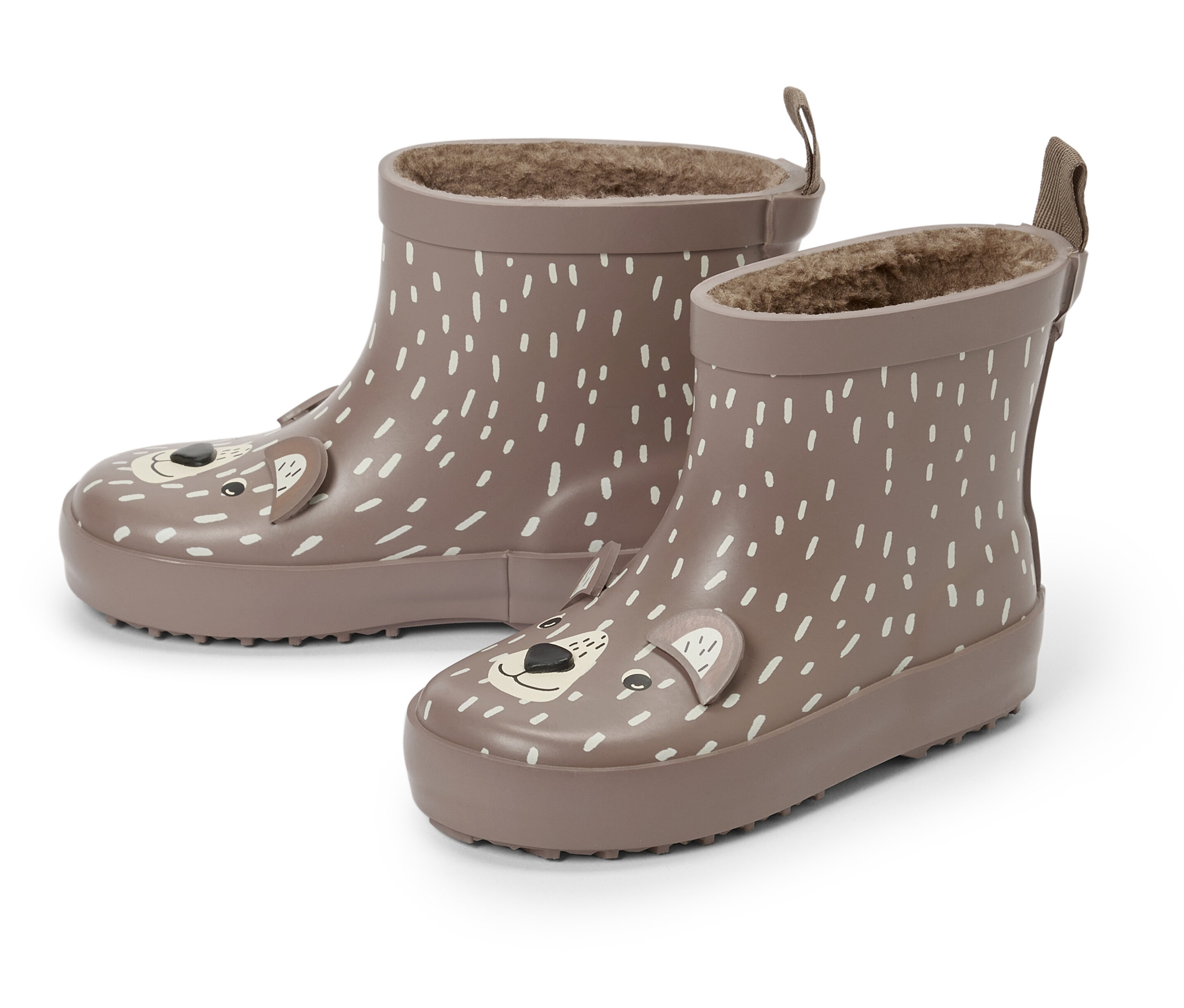 Deux bottes de pluie pour enfants avec un motif d'ours et des points blancs.