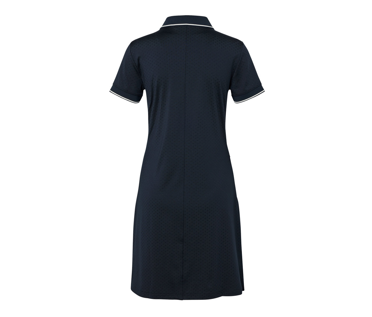 Robe de sport bleu marine avec bordure blanche au col et aux manches.