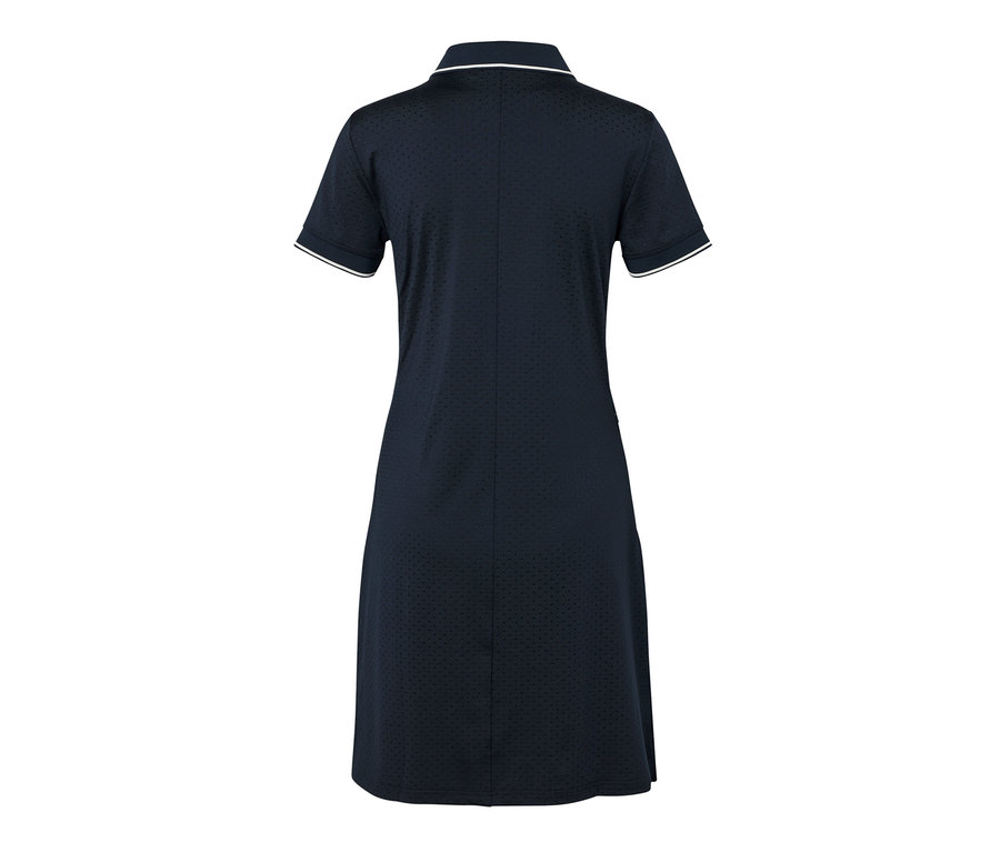 Robe de sport bleu marine avec bordure blanche au col et aux manches.