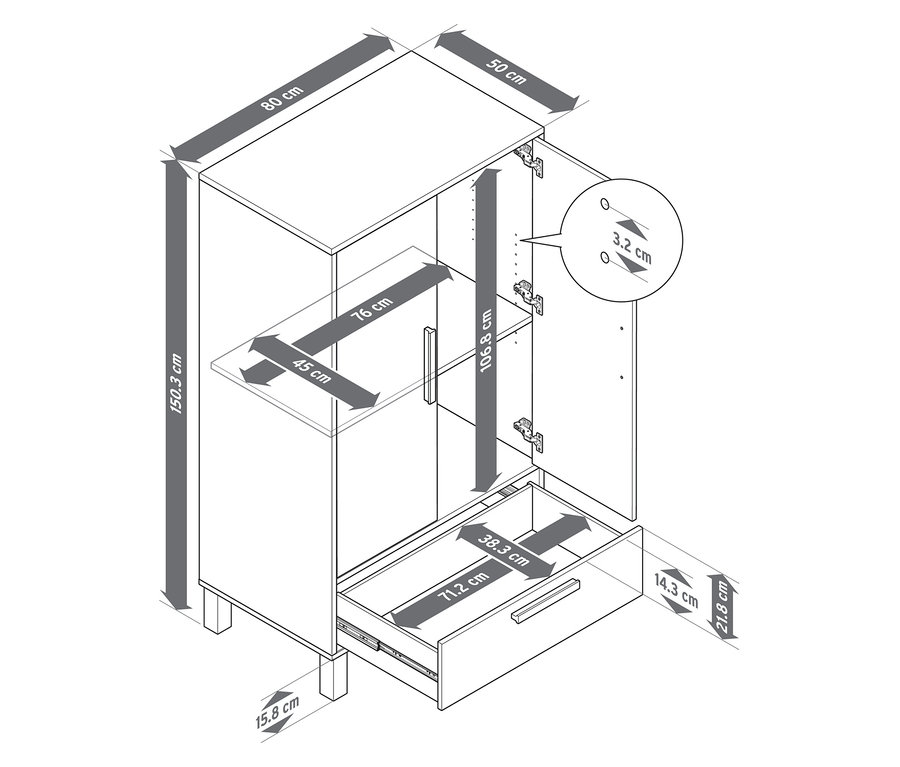 Dessin technique de l'armoire pour enfants « Leira » avec dimensions.