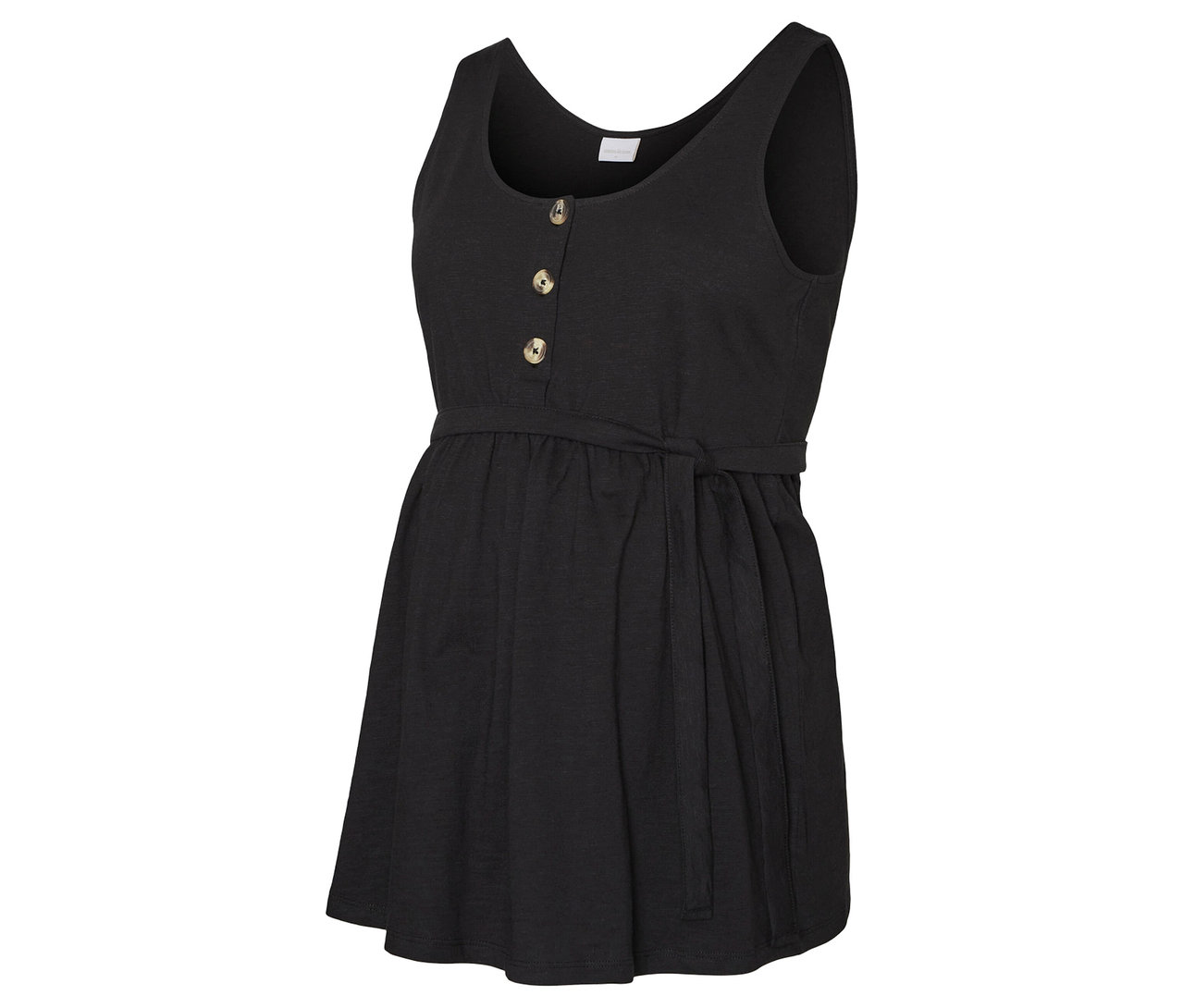 Robe de grossesse noire sans manches avec boutons et ceinture.