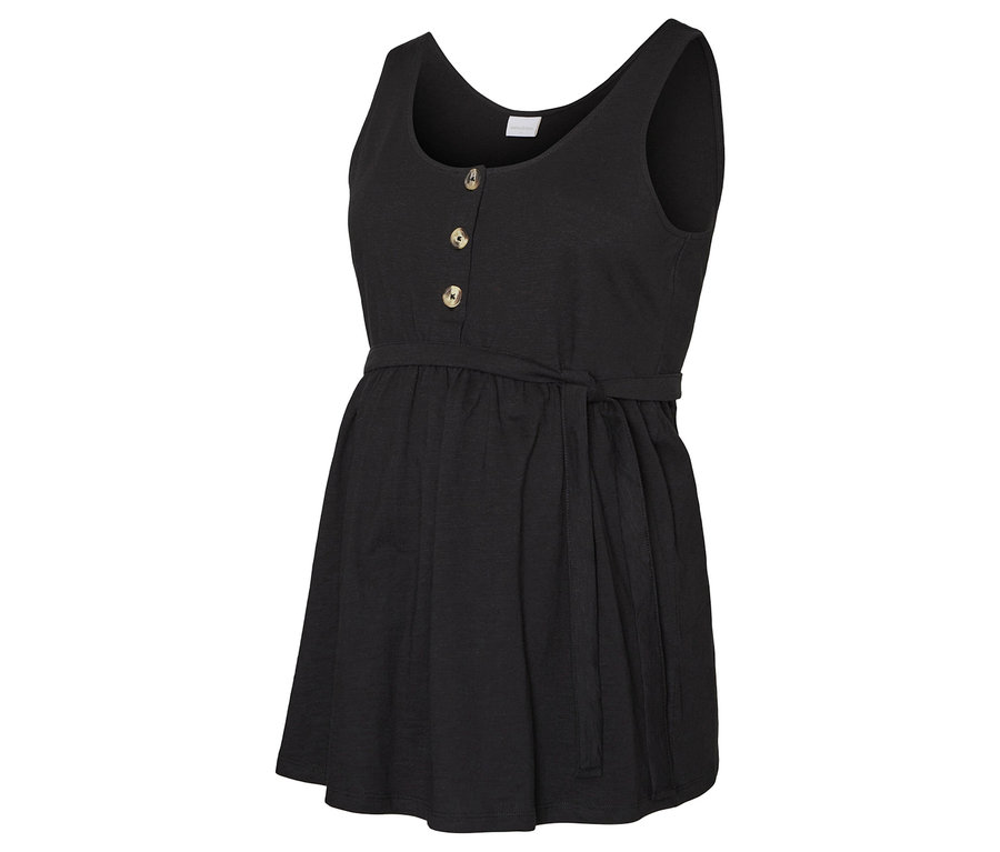 Robe de grossesse noire sans manches avec boutons et ceinture.